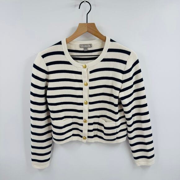 J. Crew Emilie Sweater Lady Jacket Stripe Crop Button Front Navy White Size S - Picture 8 of 8
